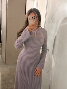 Modelyn Women's Autumn/Winter Casual Solid Color Knit Dress - Lilac Purple - View 2