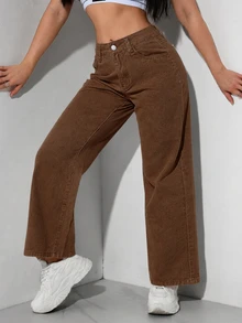SHEIN PETITE 休閒水洗直筒牛仔褲 - 咖啡棕 - 查看 7