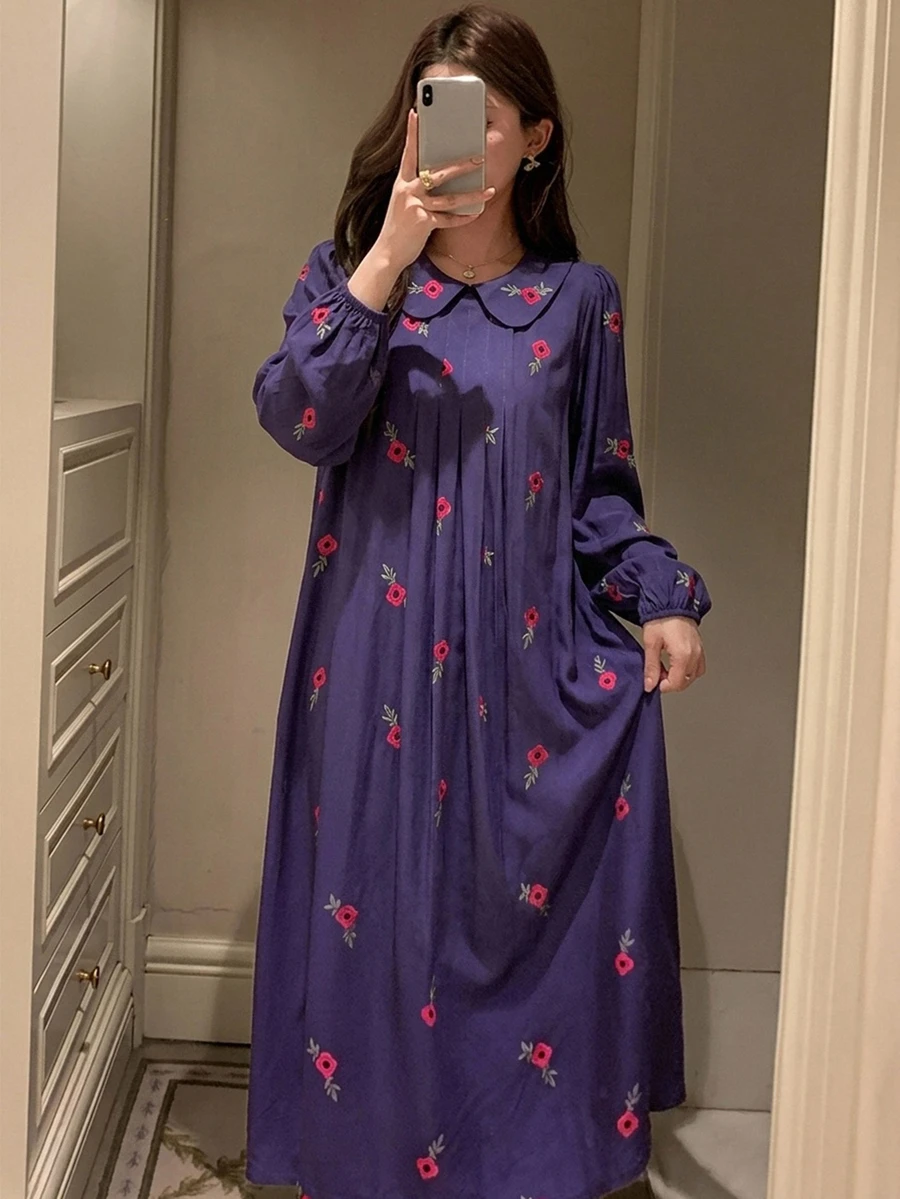 DAZY Floral Print Short Sleeve Loose Long Dress Summer Outfit Women's Nightgown - Purple - View 1