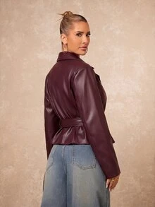 Lumalex Women's Solid-Color PU Leather Collared Long-Sleeve Double-Breasted Metal Buckle Belted Fashion Jacket Autumn Style Burgundy Grain Stylish Oversized - Burgundy - View 10