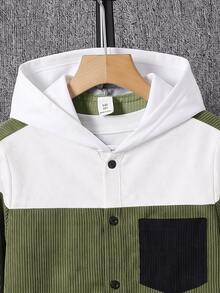 SHEIN Tween Boy Casual Colorblock Patchwork Hooded Shirt With Pockets, Suitable For Autumn, Spring, Winter, Ideal For Outdoor Play, School, Streetwear, Parties And Home Leisure, High Cost-Performance - Army Green - View 6