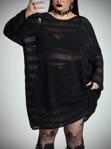 SHEIN CURVE+ ملابس علوية فرو محبوكة مقاس كبير للهالوين بتصميم مفرغ وشفاف - الأسود - مشاهدة 1
