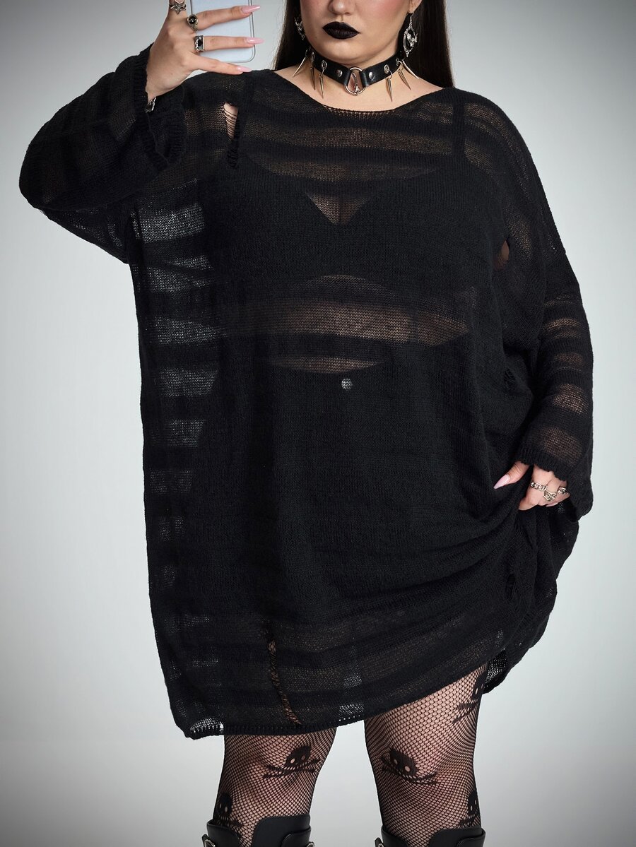 SHEIN CURVE+ ملابس علوية فرو محبوكة مقاس كبير للهالوين بتصميم مفرغ وشفاف - الأسود - مشاهدة 1