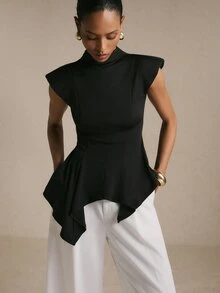 Poéselle Women's Black Stand Collar Cap Sleeve Asymmetric Hem Fashion T-Shirt,Chic Top,Elegant Women's Blouses,Work Outfits,Casual Blouses,Gothic,Fall/Winter - Black - View 2