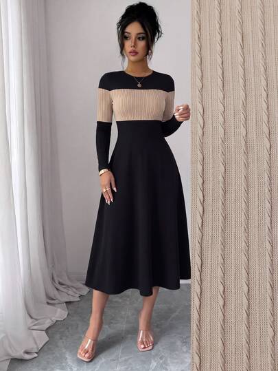 SHEIN Elenzya Women's Elegant Contrast Color Round Neck Long Sleeve Casual Knit Dress, Essential For Outdoor Wear, Suitable For Commuting And Office Casual Wear. Elegant Autumn/Winter Dress Choice For Women