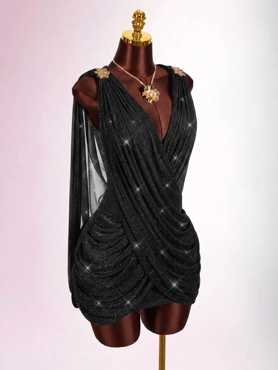 Amplova 2026 New Low-Cut Criss-Cross Gold & Silver Metallic Fabric Mini Dress For Women, Suitable For Date And Party - Black - View 1