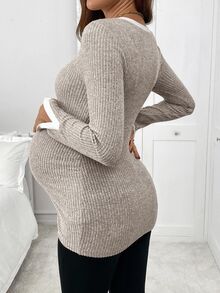 SHEIN Maternity Casual Colorblock Trim T-Shirt, Autumn Fall - Apricot - View 2