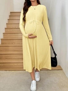 SHEIN 孕婦簡約百搭紋理長袖洋裝 - 黃色 - 查看 6