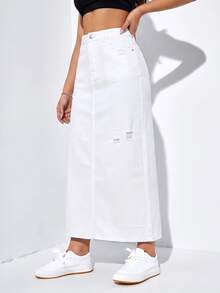 SHEIN EZwear 女款休閒長款牛仔裙，附口袋與破洞設計 - 白色 - 查看 4