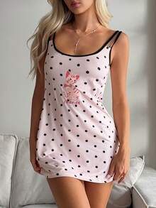 DAZY Cute Cat Pattern Polka Dot All-Over Print Sleeveless Spaghetti Strap Short Dress Women's Loungewear Fall - Multicolor - View 5