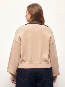 Maija Plus Size Minimalist Street Style Zipper Long Sleeve Knit Cardigan - Brown - View 2