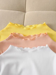 Tween Girl 3pcs Casual All-Match Versatile Solid Color Ribbed Lettuce Trim Mock Neck Tee - Multicolor - View 4