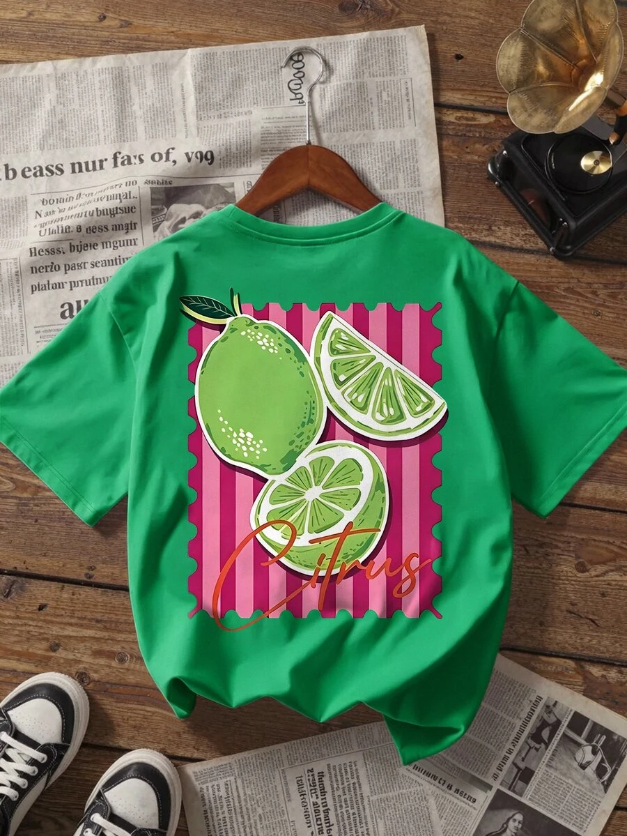 INAWLY Women's Plus Size Striped Lemon Print Round Neck Loose Fit T-Shirt - Dark Green - View 1