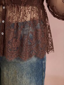 Freevana 女款蕾絲貝殼鈕扣透視襯衫 大尺碼寬鬆優雅休閒日常街頭出遊通勤度假 春夏女裝大尺碼襯衫 - 咖啡棕 - 查看 3
