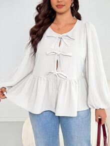 SHEIN Essnce Plus Size Elegant Bow Tie Tie-Up Ruched Blouse - White - View 2