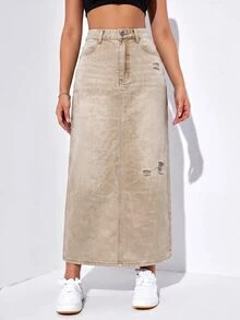 SHEIN EZwear Women's Button-Front Distressed Denim Midi Skirt With Back Slit - Camel - View 2