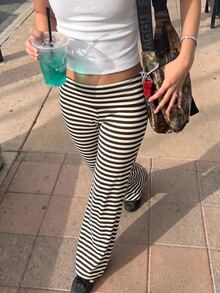 Muchica 女款秋季棕色條紋拼接對比色休閒百搭長褲，適合日常通勤、派對、四季穿著（秋、冬、春、夏）、節日慶祝（聖誕節、新年、感恩節、情人節）、婚禮、海灘、畢業典禮、外出約會，優雅風格，適合度假與 Y2K 時尚造型 - 彩色 - 查看 6