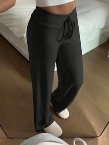 SHEIN EZwear 女款保暖內裡粉色舒適長褲，適合秋冬穿著 - 深灰色 - 查看 6