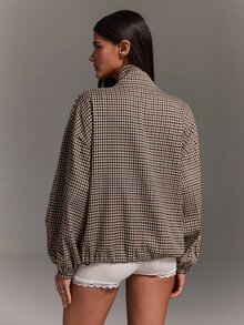 Athîral 女款深棕色格紋夾克，前拉鍊開襟，抽繩下擺，側口袋，寬鬆復古街頭風，適合秋季通勤與感恩節穿著 - 卡其色 - 查看 5