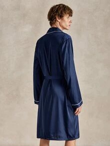EverLounge Satin Comfortable Minimalist Contrast Trim Men's Robe - Navy Blue - View 3