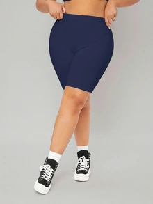 SHEIN BASICS 大尺碼女款夏季通勤極簡純色高腰單車褲 夏季服飾 - 藏蓝色 - 查看 3