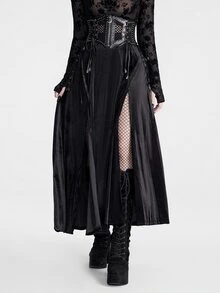 Breakform Gothic Halloween Women's Black Draped Pleated Texture High Waist, Double Side High Slit Design, Dark Punk Daily Solid Color Skirt - Black - View 1