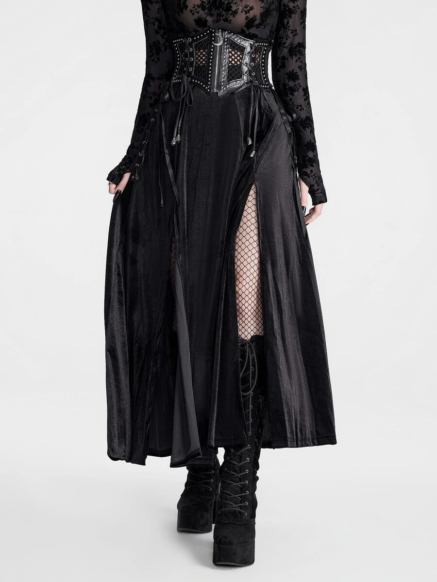 Breakform Gothic Halloween Women's Black Draped Pleated Texture High Waist, Double Side High Slit Design, Dark Punk Daily Solid Color Skirt - Black - View 1