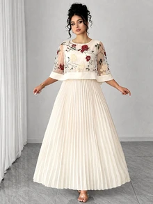 Elenzga Plus Size Women's Elegant 3D Floral Mesh Pleated Long Dress - Apricot - View 6