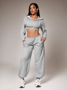 Radiana Sweatshirt Kasual Minimalis Dasar Abu-abu Super Pendek dengan Resleting - Light Grey - View 4