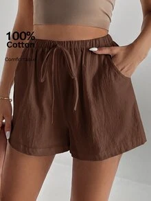 SHEIN Tall 女款純色前打結短褲，適合夏季 - 棕色 - 查看 6