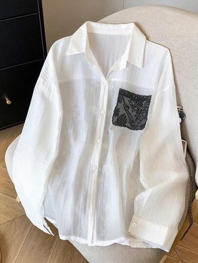 GlowEve CURVE Plus Size Bow Lace Back Hollow Out Button Blouse