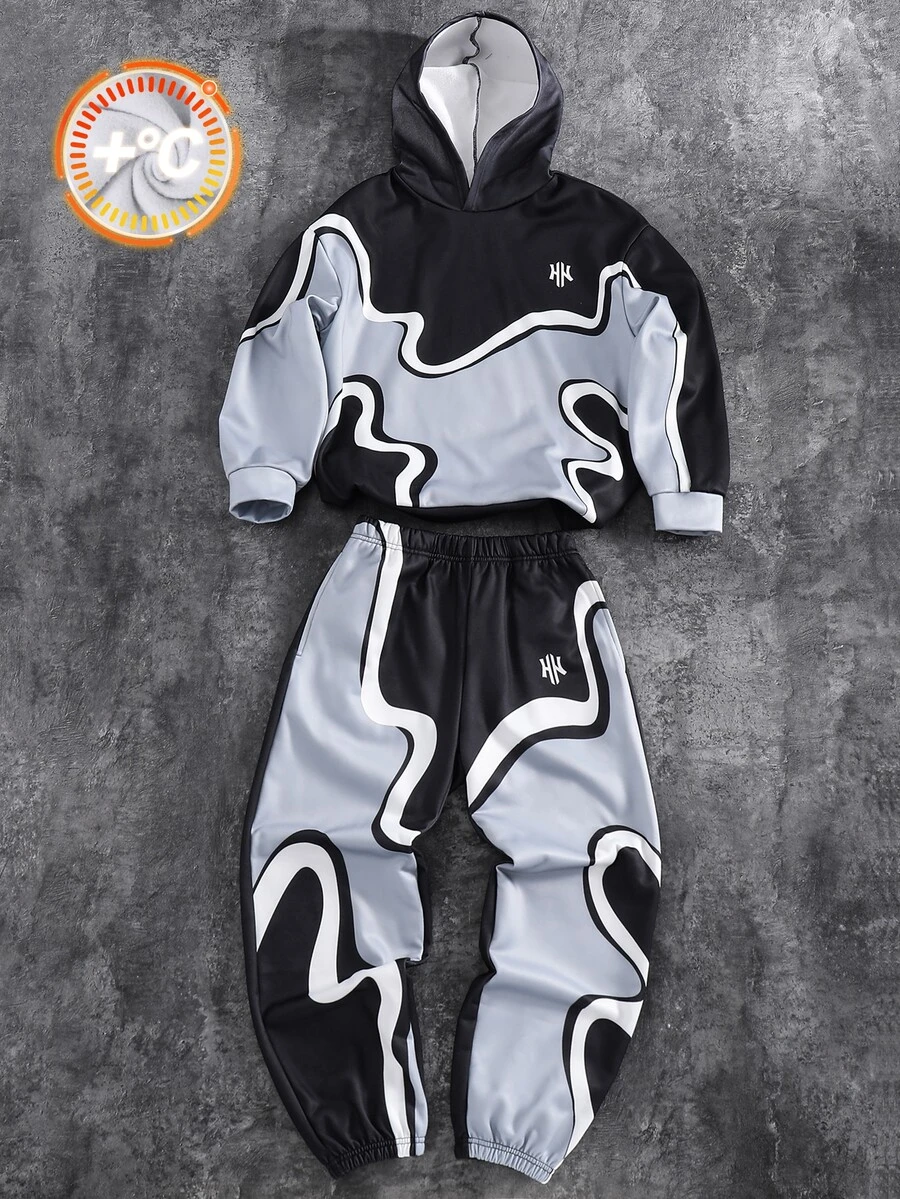 SHEIN Tween Boy Letter Pattern Colorblock Hoodie And Sweatpants Casual Daily Set - Multicolor - View 1