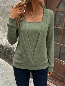 SHEIN LUNE Women's 2-In-1 Fake Two Pieces Ribbed Knit Sweatshirt, Square Neck Long Sleeve Casual Pullover Top - Army Green - View 7