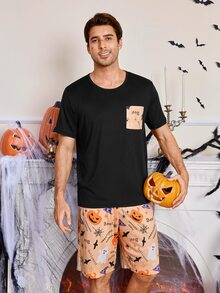 CoupledUp Halloween Print Casual Short Sleeve Shorts Pajama Set For Men - Black - View 5