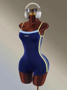 Amplova Contrast Color Striped Backless Spaghetti Strap Sports Romper Shorts - Navy Blue - View 3