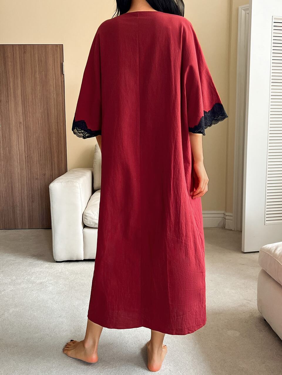 Summer & Autumn Elegant Lace Patchwork Deep V-Neck Loose Long Nightgown For Women
