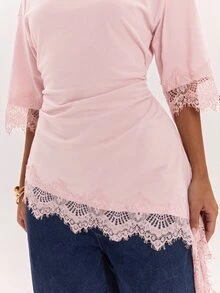 SHEIN BAE Women's Solid Color Round Neck Contrast Lace Asymmetric Hem Fashion Top - Coral Pink - View 6