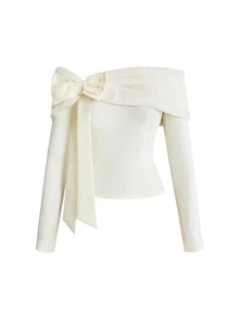 ROMWE Y2K Sweet White Girl Style Off-Shoulder Fur Collar Bowknot Lace-Up Women's T-Shirt, Autumn/Winter - Pink - View 1