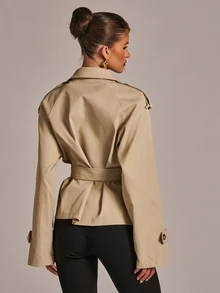 SHEIN BAE Women's Autumn/Winter Fashion Versatile Solid Color Commuter Lapel Open Front Same Fabric Color Belt Waist Cinched Short Trench Coat Jacket - Khaki - View 4