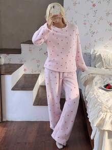 CottageSlumber Pink Double-Sided Plush Romantic Heart Print Casual Loose Women's Pajama Set - Pink - View 6