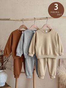 SHEIN LMoss Kids 女童 3 件組針織純色圓領寬鬆休閒秋季運動衫套裝 - 棕色 - 查看 3