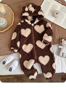 SHEIN LMoss Kids 新生女嬰可愛秋冬款毛茸茸花卉圖案長袖連帽連身衣 - 棕色 - 查看 8