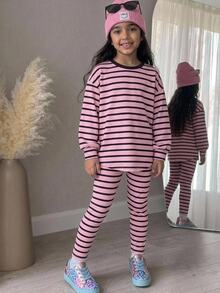 SHEIN 女童 2 件套休閒套裝，簡約舒適可愛，復古條紋布料長袖長褲，秋冬休閒運動學院風 - 藕粉色 - 查看 6