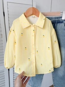 SHEIN 少女可愛時尚休閒百搭翻領條紋水果圖案落肩寬鬆長袖襯衫，學院風，返校季 - 黃色 - 查看 1