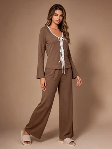 Lazeform Women's Casual Knit Tie-Front Cardigan Loungewear Pajama Set - Brown - View 1