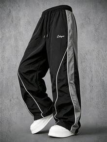Manfinity Denimwave Men's Casual Letter Print Drawstring Waist Sports Long Pants - Black - View 3