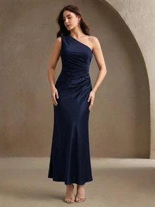 Savoree Women's New Elegant Asymmetrical Shoulder Satin Waist-Cinching Patchwork Dress, Suitable For Summer Party Formal Wear, Navy Blue - Navy Blue - View 4