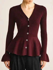 Mulvari Women's Elegant V-Neck Ruffle Trim Waist-Defining Cardigan, Autumn/Winter Social Clothing New Year - Burgundy - View 1