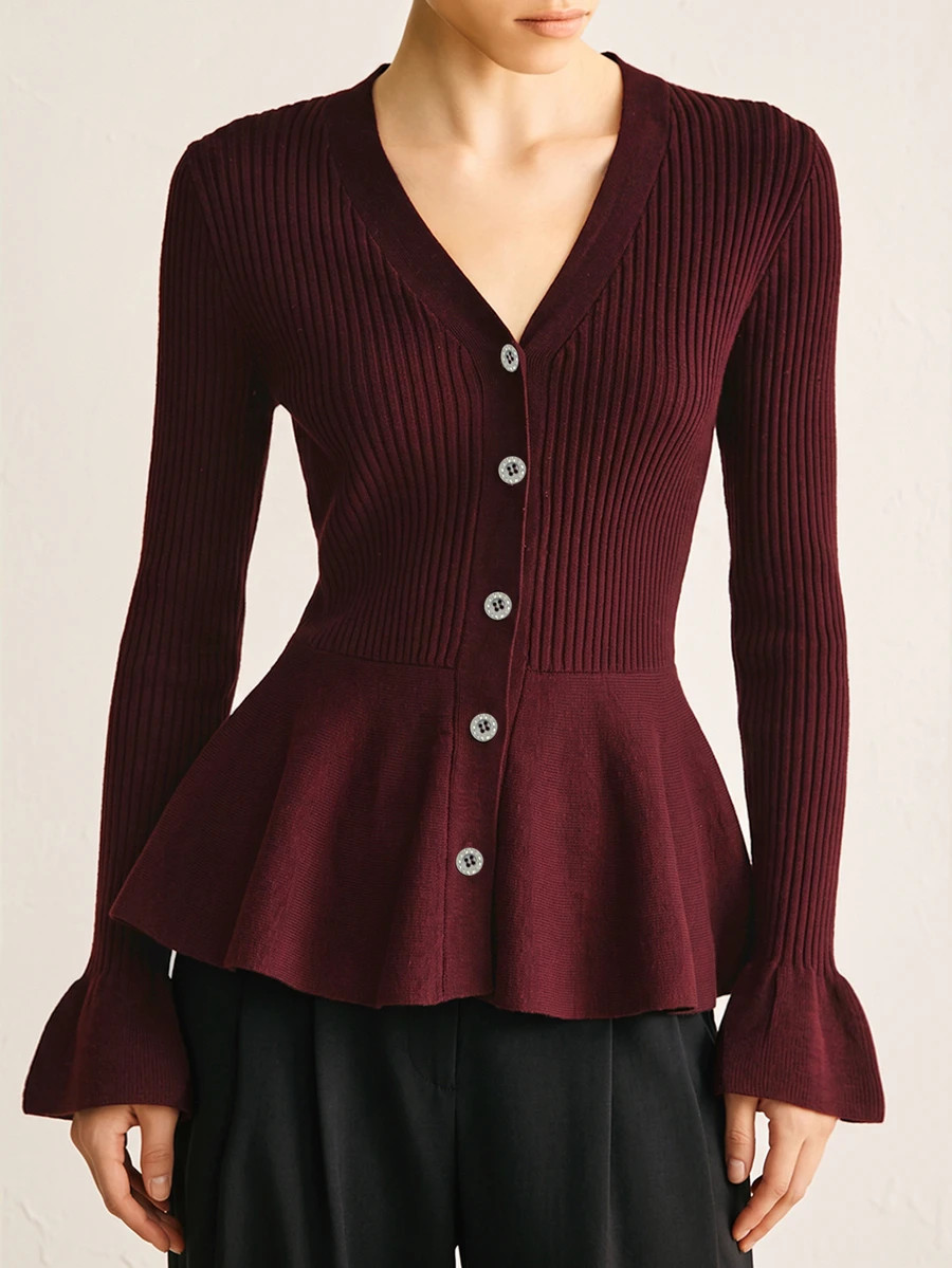 Mulvari Women's Elegant V-Neck Ruffle Trim Waist-Defining Cardigan, Autumn/Winter Social Clothing New Year - Burgundy - View 1