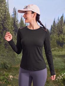 WanderVale Kaos Wanita Lengan Panjang Luar Ruangan Leher Bulat Potongan Belakang Bergaris Jala Warna Polos - Hitam - View 3